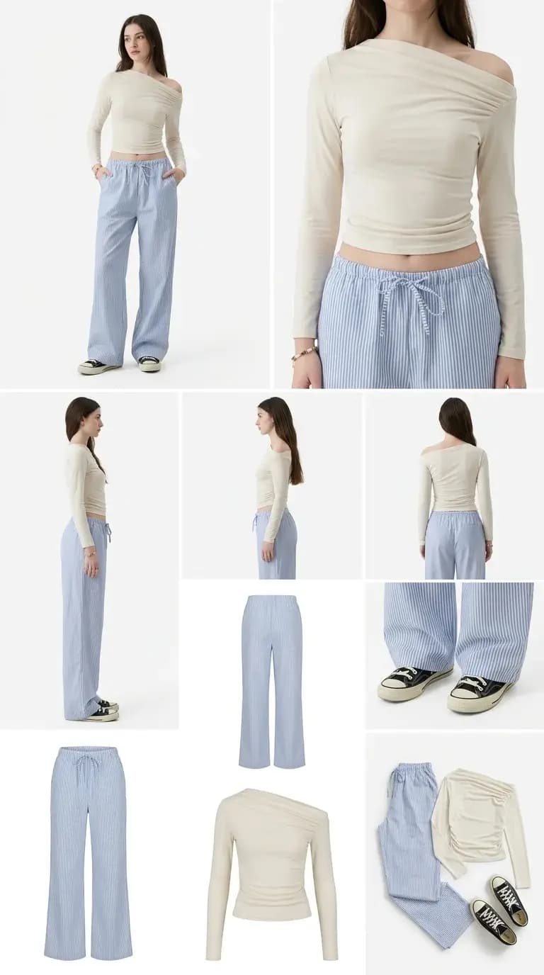 Women's Off-Shoulder Top & Striped Pants Set - উইমেনস অফ-শোল্ডার টপ ও ট্রাউজার সেট 4