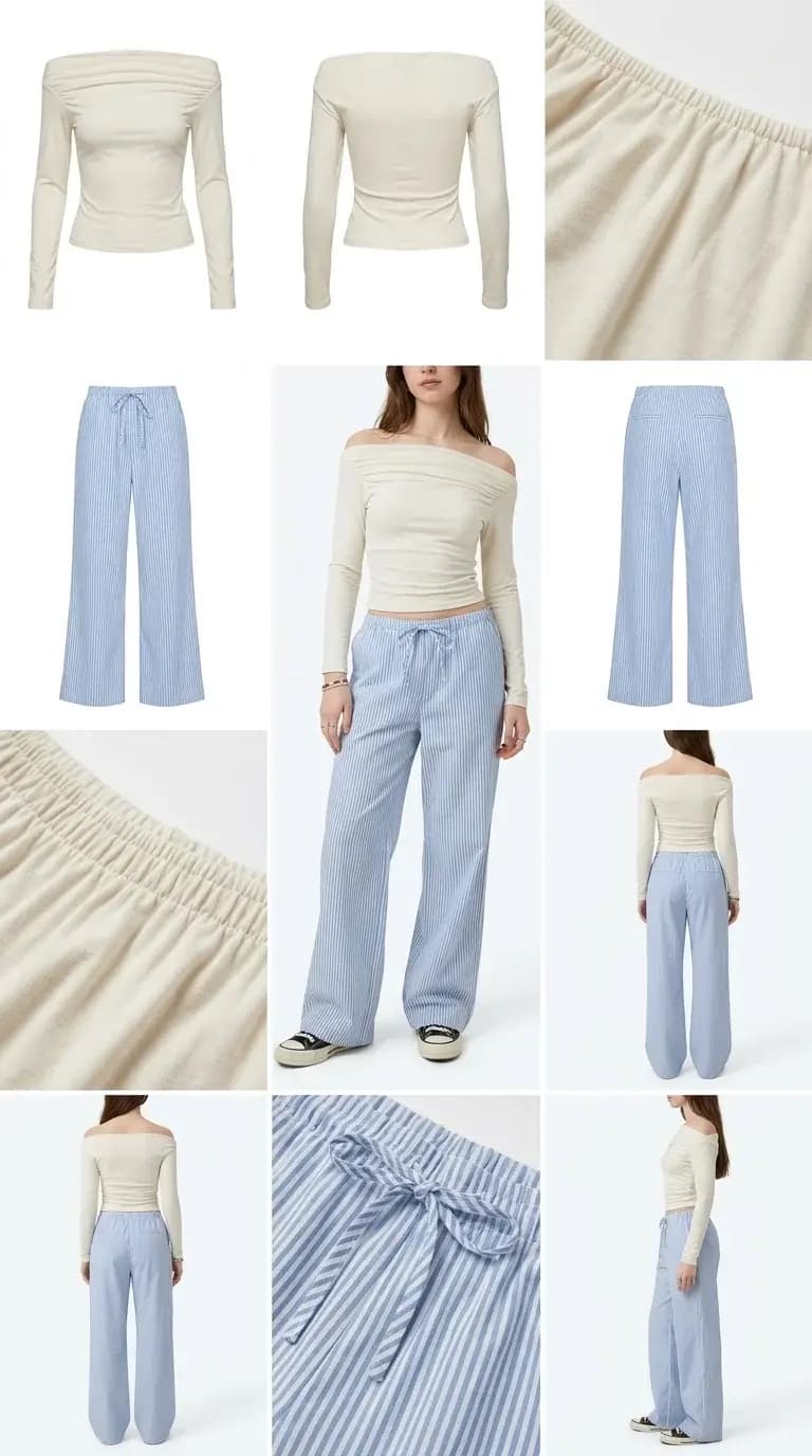 Women's Off-Shoulder Top & Striped Pants Set - উইমেনস অফ-শোল্ডার টপ ও ট্রাউজার সেট 5