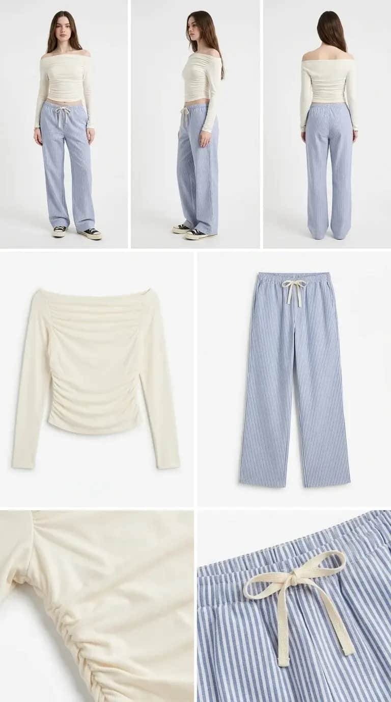 Women's Off-Shoulder Top & Striped Pants Set - উইমেনস অফ-শোল্ডার টপ ও ট্রাউজার সেট