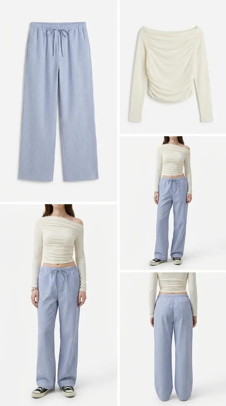 Women's Off-Shoulder Top & Striped Pants Set - উইমেনস অফ-শোল্ডার টপ ও ট্রাউজার সেট 3